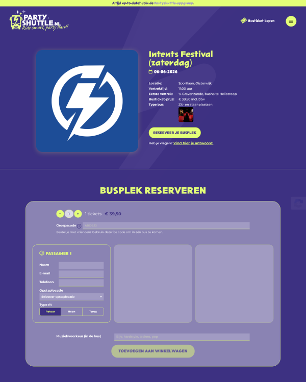 Festivalbus-platform voor Partyshuttle