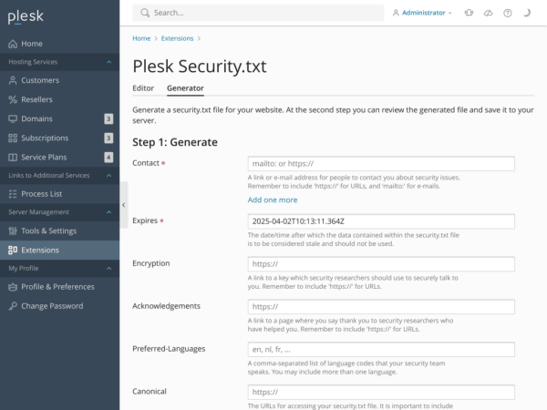 Security.txt extension for Plesk