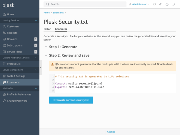 Security.txt extension for Plesk