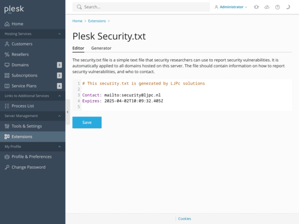 Security.txt extension for Plesk